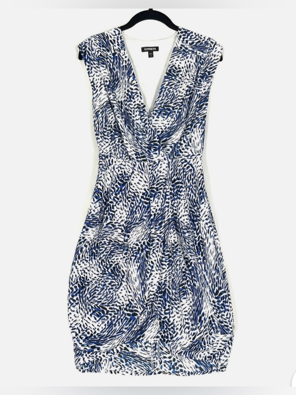 NWT Express Sleeveless Tulip Hem Blue and White Leopard Printed Sheath Dress